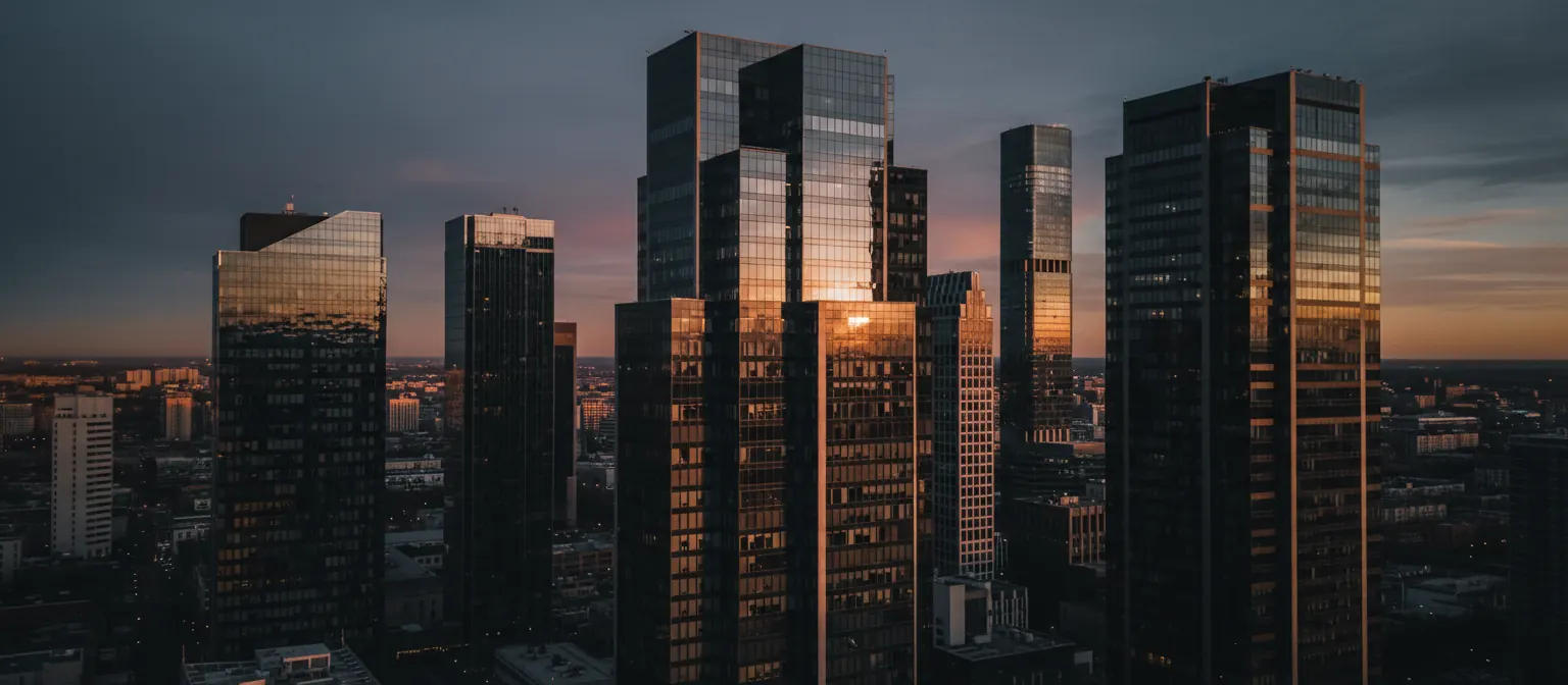 Global financial district at dusk